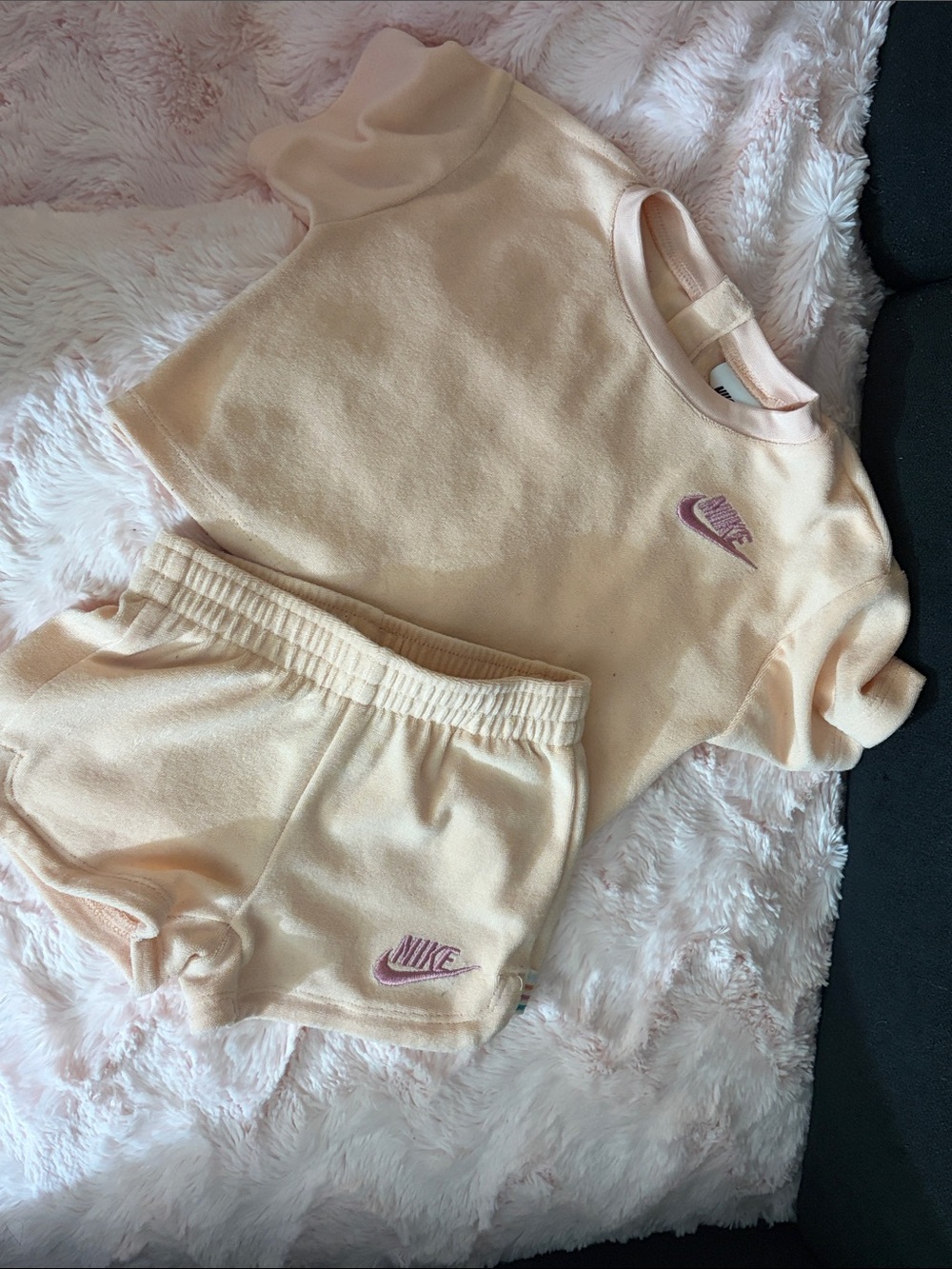 Nike Peach Terry Crop Top & Shorts Set with Pink Logo